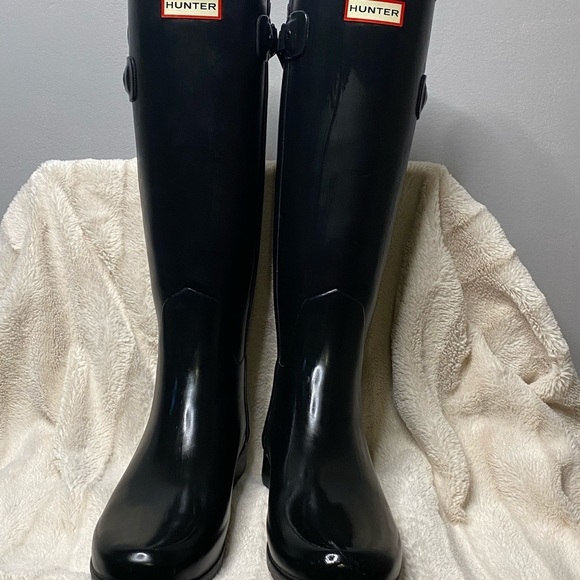 Hunter Wellies Flat Black Rain Boots adjustable strap at top size 9 With Box - Picture 7 of 10